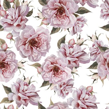 Pembe güller ve yapraklarla suluboya desenli. Görüntü