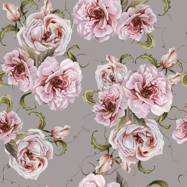 Pembe güller ve yapraklarla suluboya desenli. Görüntü