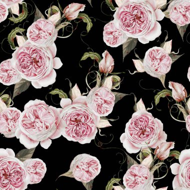 Pembe güller ve yapraklarla suluboya desenli. Görüntü