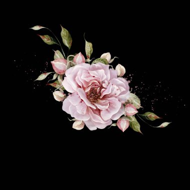 Çiçekli ve yapraklı suluboya düğün buketi. Görüntü