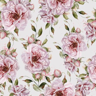 Pembe güller ve yapraklarla suluboya desenli. Görüntü