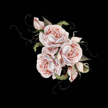 Çiçekli ve yapraklı suluboya düğün buketi. Görüntü