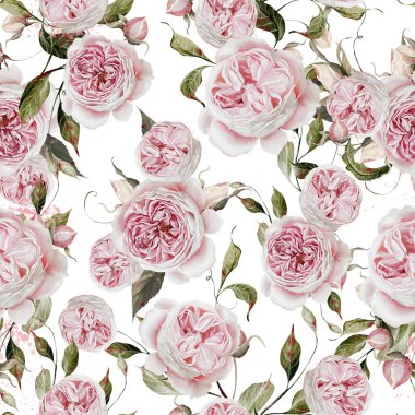 Pembe güller ve yapraklarla suluboya desenli. Görüntü