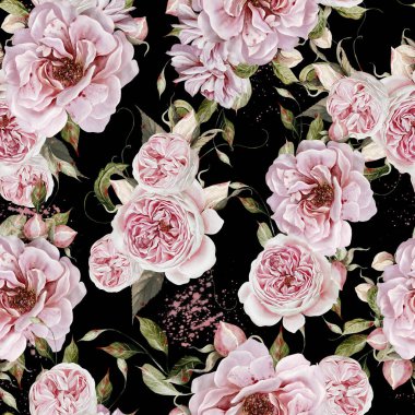 Pembe güller ve yapraklarla suluboya desenli. Görüntü