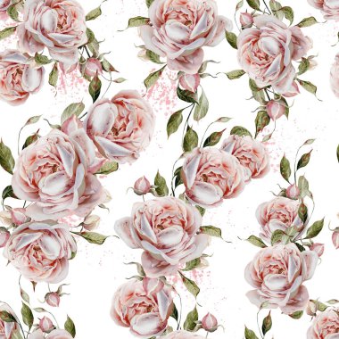 Pembe güller ve yapraklarla suluboya desenli. Görüntü