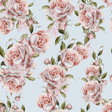 Pembe güller ve yapraklarla suluboya desenli. Görüntü