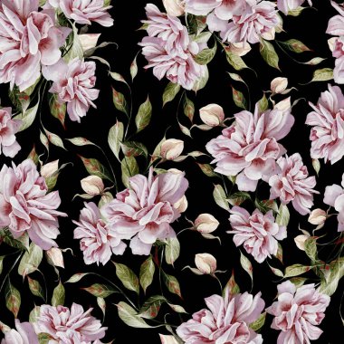 Pembe güller ve yapraklarla suluboya desenli. Görüntü