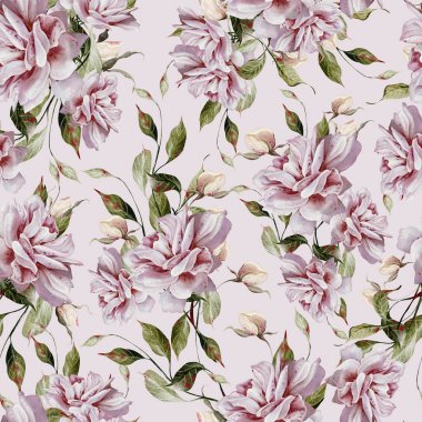 Pembe güller ve yapraklarla suluboya desenli. Görüntü