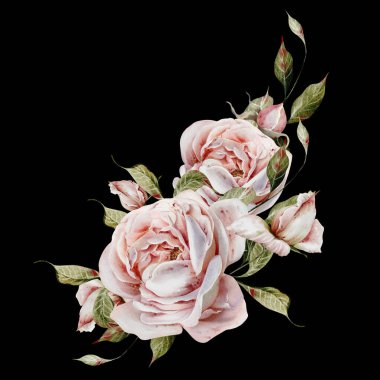 Çiçekli ve yapraklı suluboya düğün buketi. Görüntü