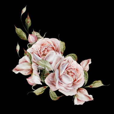 Çiçekli ve yapraklı suluboya düğün buketi. Görüntü