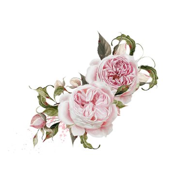 Çiçekli ve yapraklı suluboya düğün buketi. Görüntü