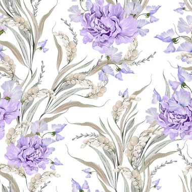 Yaprakları ve mor şakayık çiçekleri olan dikişsiz bir suluboya deseni. Görüntü