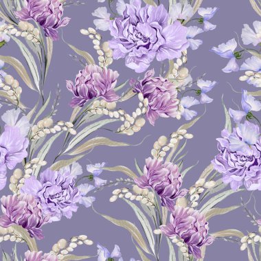 Yaprakları ve mor şakayık çiçekleri olan dikişsiz bir suluboya deseni. Görüntü