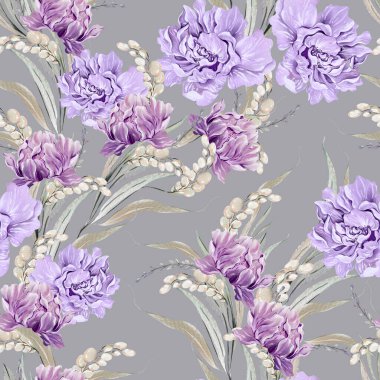 Yaprakları ve mor şakayık çiçekleri olan dikişsiz bir suluboya deseni. Görüntü