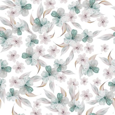 Yaprakları ve küçük çiçekleri olan dikişsiz bir suluboya deseni. Görüntü