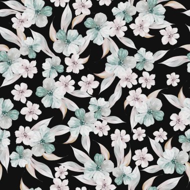 Yaprakları ve küçük çiçekleri olan dikişsiz bir suluboya deseni. Görüntü