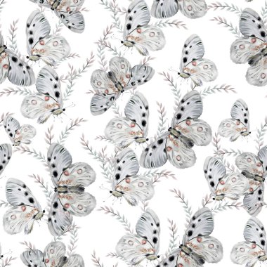 Yaprakları ve kelebekleri olan kusursuz bir suluboya deseni.. 