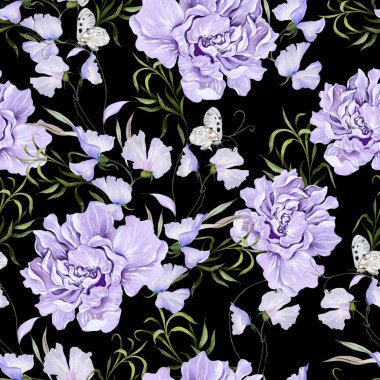 Şakayık çiçekleri, yaprakları ve kelebekleri olan kusursuz bir suluboya deseni. Görüntü