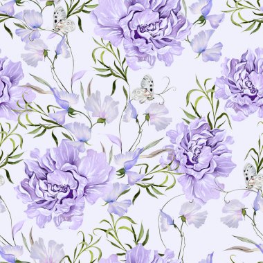 Şakayık çiçekleri, yaprakları ve kelebekleri olan kusursuz bir suluboya deseni. Görüntü