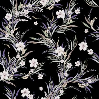 Çiçekler ve yapraklarla dikişsiz güzel bir suluboya desen. Görüntü