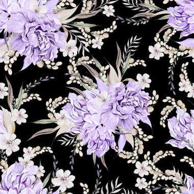 Şakayık çiçekleri, yaprakları ve kelebekleri olan kusursuz bir suluboya deseni. Görüntü