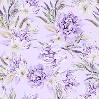 Şakayık çiçekleri, yaprakları ve kelebekleri olan kusursuz bir suluboya deseni. Görüntü