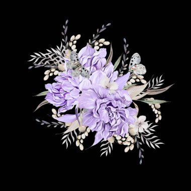 Yaprakları ve şakayık çiçekleri olan güzel bir suluboya buket. Görüntü 