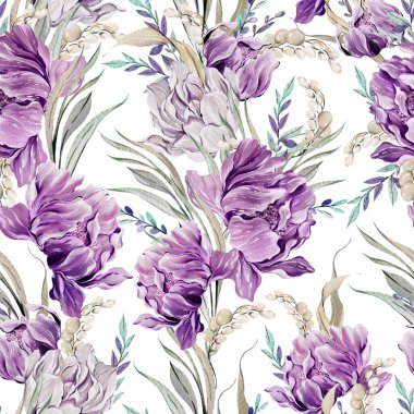 Şakayık çiçekleri, yaprakları ve kelebekleri olan kusursuz bir suluboya deseni. Görüntü