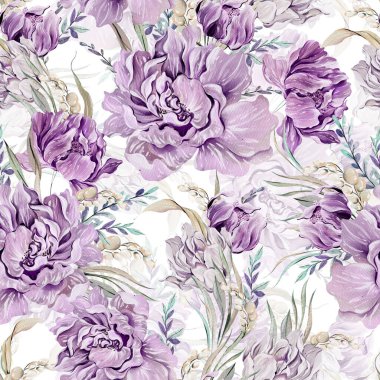 Şakayık çiçekleri, yaprakları ve kelebekleri olan kusursuz bir suluboya deseni. Görüntü