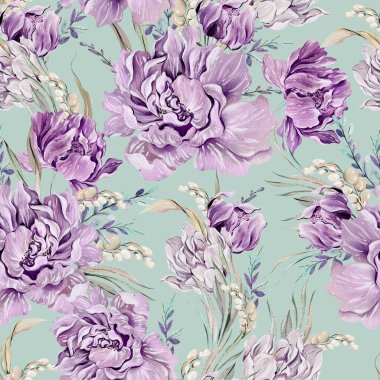 Şakayık çiçekleri, yaprakları ve kelebekleri olan kusursuz bir suluboya deseni. Görüntü