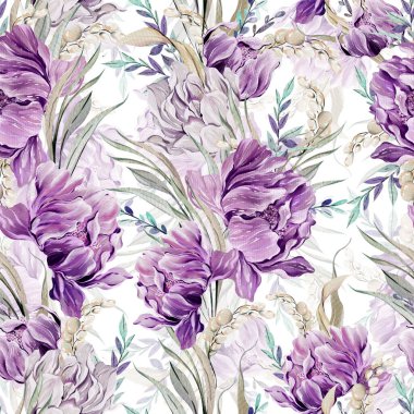 Şakayık çiçekleri, yaprakları ve kelebekleri olan kusursuz bir suluboya deseni. Görüntü