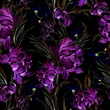 Şakayık çiçekleri, yaprakları ve kelebekleri olan kusursuz bir suluboya deseni. Görüntü