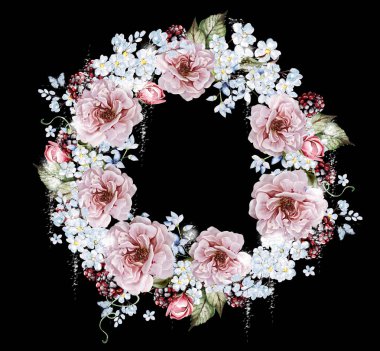 Çiçekli ve yapraklı suluboya düğün çelengi. Görüntü