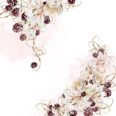 İçinde güller, zambaklar ve böğürtlenler olan suluboya sonbahar düğün kartı. Çizimler