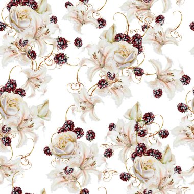 Sonbahar suluboya desenli güller, zambaklar ve berelerden oluşan desenler.