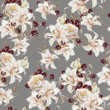 Sonbahar suluboya desenli güller, zambaklar ve berelerden oluşan desenler.