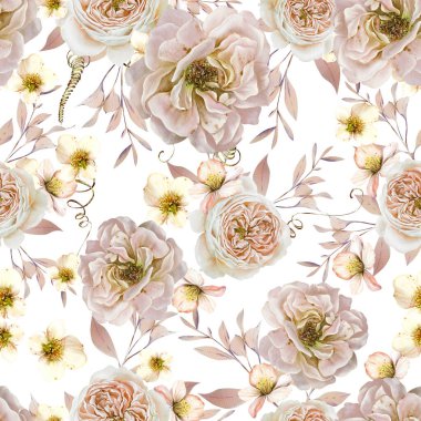 Gül çiçekleri ve gül çiçeği ile sulu boya deseni. Görüntü