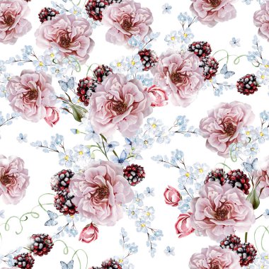 Gül çiçekleriyle suluboya desenli ve unutma beni, böğürtlen. Görüntü