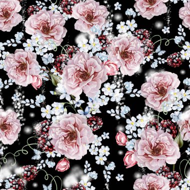 Gül çiçekleriyle suluboya desenli ve unutma beni, böğürtlen. Görüntü