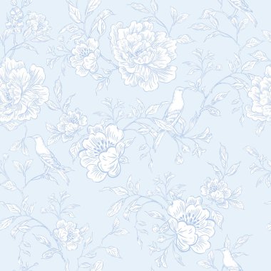 Çiçekler ve kuşların çizimsiz deseni. Görüntü