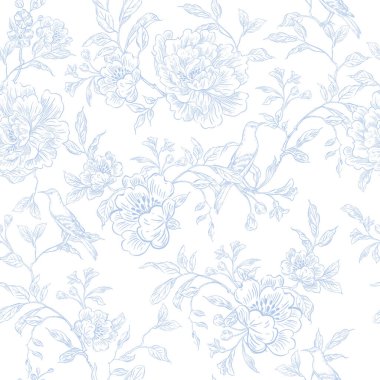 Çiçekler ve kuşların çizimsiz deseni. Görüntü