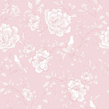 Çiçekler ve kuşların çizimsiz deseni. Görüntü