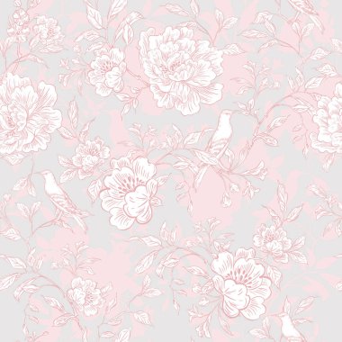 Çiçekler ve kuşların çizimsiz deseni. Görüntü