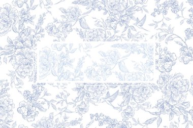 Şakayık ve kuş çiçekleri olan hassas grafikli düğün kartı. Görüntü 