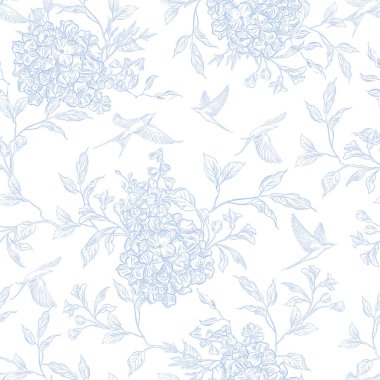 Çiçekler ve kuşların çizimsiz deseni. Görüntü