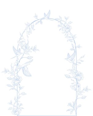 Çiçekli ve yapraklı grafiksel düğün çelengi. Görüntü 