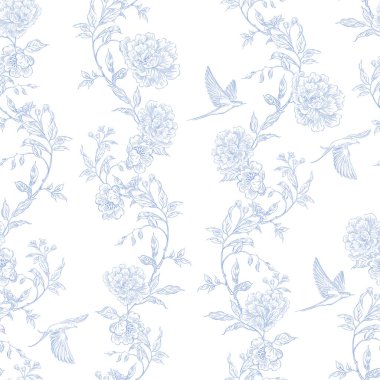 Çiçekler ve kuşların çizimsiz deseni. Görüntü