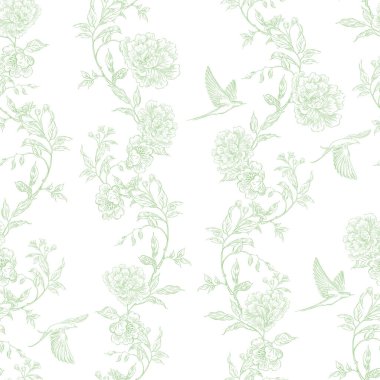 Çiçekler ve kuşların çizimsiz deseni. Görüntü