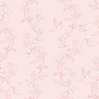 Çiçekler ve kuşların çizimsiz deseni. Görüntü