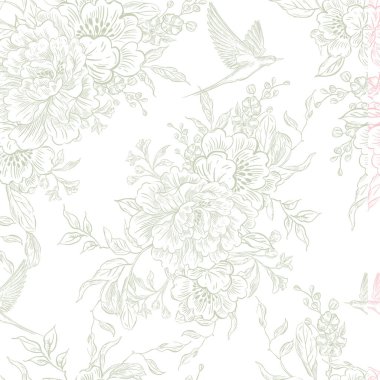 Çiçekler ve kuşların çizimsiz deseni. Görüntü